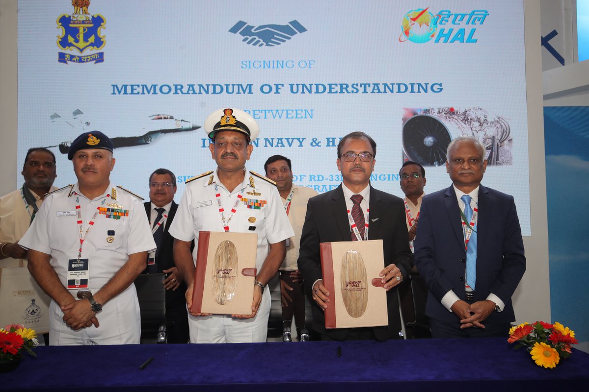 HALHQBLR's tweet image. HAL signed an MoU with the Indian Navy for positioning of HAL team at Naval Aircraft Yard, Goa for supporting maintenance and repair of RD 33 Mk Engine of MiG 29K / KUB aircraft and imparting specialized training at Naval Institute of Aeronautical Technology (NIAT) Kochi,