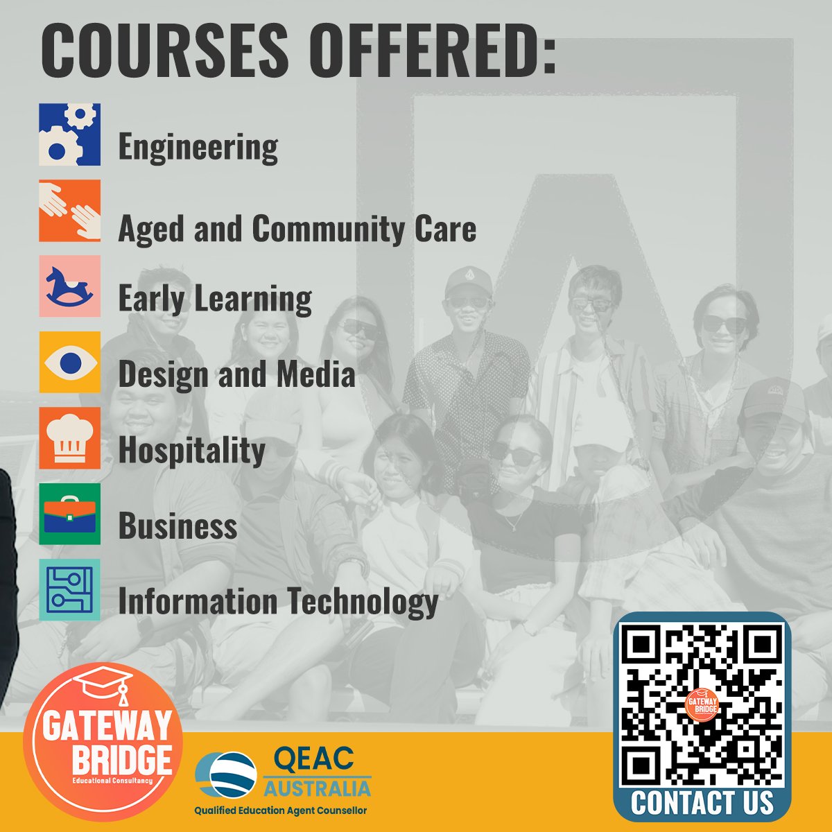 gatewaybridge's tweet image. Australian Institute of Advanced Studies- CRICOS: 03469E RTO:40730

Do you KOALAFY?
Ask our trained and qualified education counselors
🌍gatewaybridge.net/contactus
📞+63 908 989 5460
📲 +63-995-983-2610
📧 studyabroad@gatewaybridge.net

#AIAS #gatewaybridge #studyinaustralia