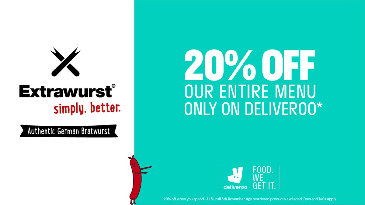 Get a whopping 20% off your entire order with Deliveroo up until the 6th November!

Min Spend of £15
#bratwurst #BIRMINGHAM