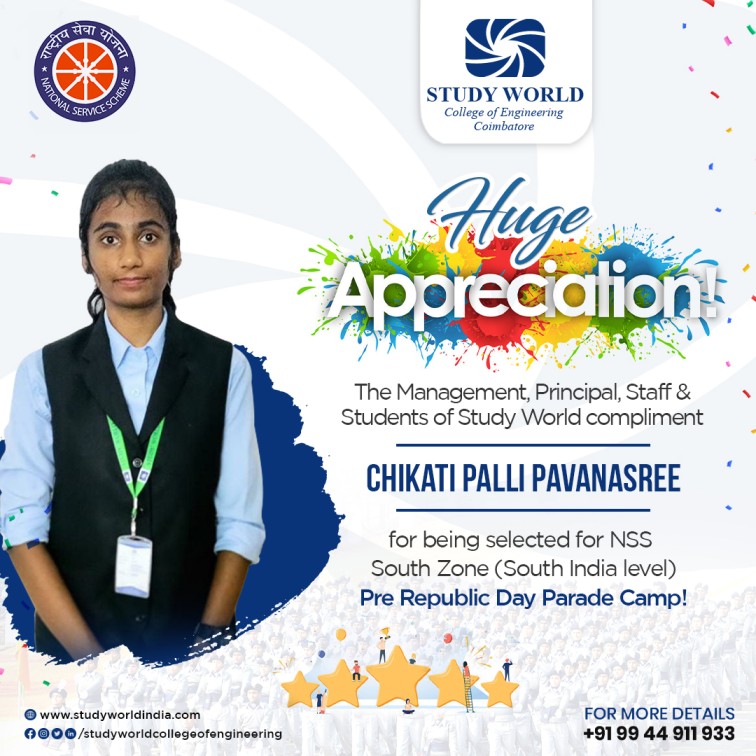 StudyWorldGI's tweet photo. Our students are reaching new heights with commitment &amp; #passion! We heartily congratulate our #NSS volunteer, Chikati Palli Pavanasree for getting selected at University Level Pre Republic Day Parade Camp (South India Level).
.
.
.
 #studyworldcollegeofengineering #engineering https://t.co/qV1I0jAuox