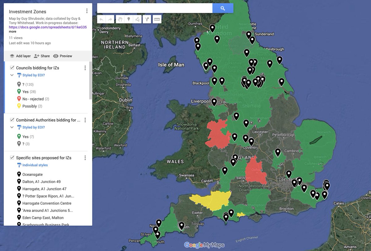 INVESTMENT ZONES LATEST: 77 sites (& counting) have been proposed by 35 councils to become deregulated Investment Zones - including huge greenfield housing developments & several ports NEW MAP: google.com/maps/d/edit?mi… DATABASE: docs.google.com/spreadsheets/d… 🧵1/n