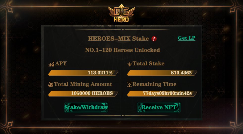 ⏳ATTENTION⏳
 
DeHero BNB LP Stake remaining time 77 DAYS count down⏰
Based on DeHero Token Distribution, the part for LP Mining Pool will be fully released after 77 days❗️
 
Stake your holdings for passive income NOW🚀
 
💥Current APY: 113.0211%💥
 
👉game.dehero.co/#/mining