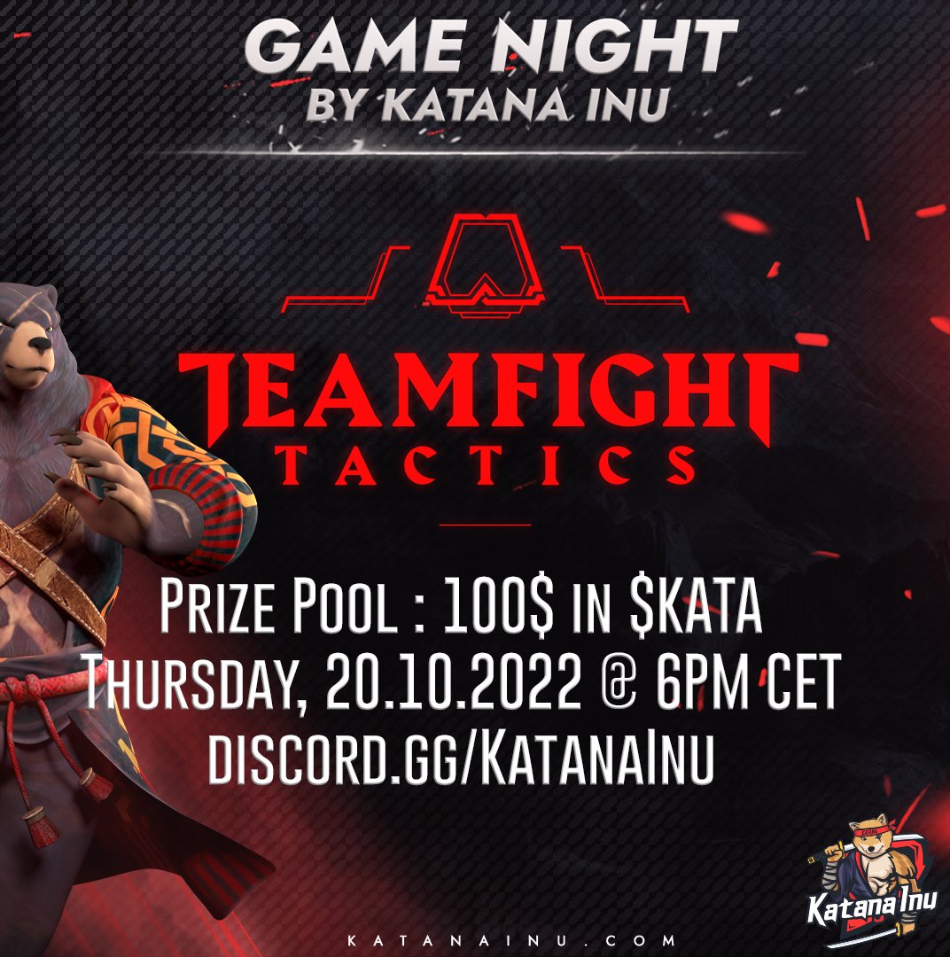 Heya Katana!
It's time for a Gaming Night!⚔️
Tonight we‘re doing our first TFT:Teamfight Tactics Tournement at 6:00PM CET in our Discord!

We will play on EU NORDIC EAST Server.
You can participate on PC or Phone.
Top 3 Players will win 100$ Kata Token from Prizepool🎁
#Kataarmy