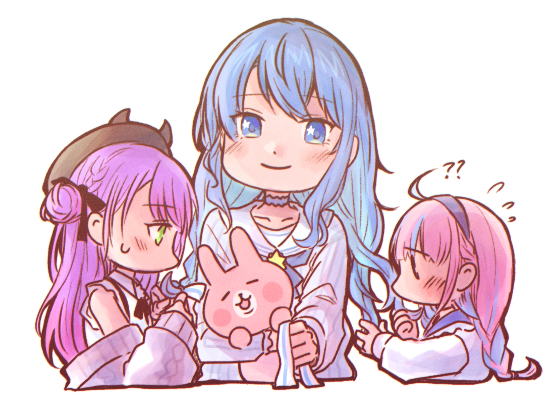 hoshimachi suisei ,minato aqua ,tokoyami towa multiple girls 3girls blue hair blue eyes purple hair ? pink hair  illustration images