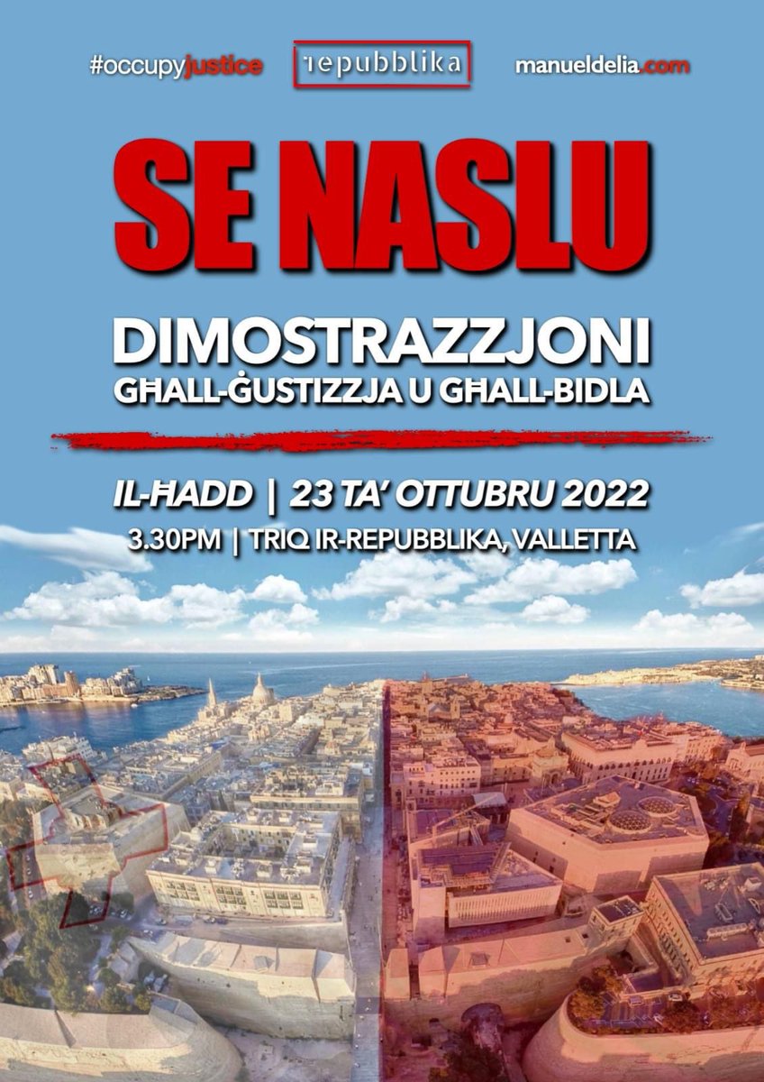 repubblikaMT's tweet photo. ✊️We're getting there! 
Join us in this fight to clean up our country.
For justice. For change. 
📅 This Sunday, 23 Oct🕙 15:30 
📍 Republic St | Valletta 
Let's continue walking together on this road for change.
@occupyjusticema @Manwel_Delia https://t.co/SOKIeNJhIV