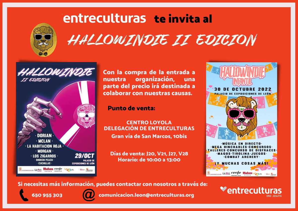 ¿Quieres colaborar con Entreculturas disfrutando de artistas como Dorian o Los Zigarros? ¿Deseas pasar un domingo con los más peques con un montón de actividades? Compra la entrada a HALLOWINDIE con nosotros en Gran Vía de San Marcos, 10, y aportarás a nuestras causas sociales.