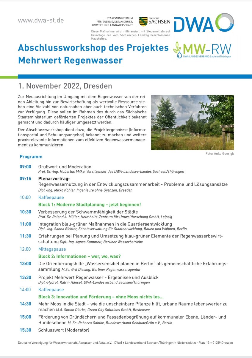Abschlussworkshop Projekt "Mehrwert Regenwasser" am 01.11.2022 in Dresden.
Kostenfreie Anmeldung unter: eva.dwa.de/details.php?id…
Gefördert vom @SMEKUL_SN
#BlauGrün #Regenwasser #Schwammstadt #Klimawandel @dwa_ev