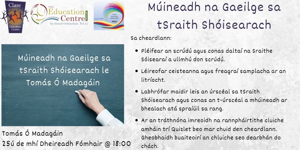 ➡️Múineadh na Gaeilge sa tSraith Shóisearach le Tomás Ó Madagáin 📅ar an Máirt, an 25ú de mhí Dheireadh Fómhair ⏲️18:00 - 19:00 🗣️Tomás Ó Madagáin 📌Zoom 💰FREE ®️ zoom.us/webinar/regist… @edcentretralee @CentreNavan