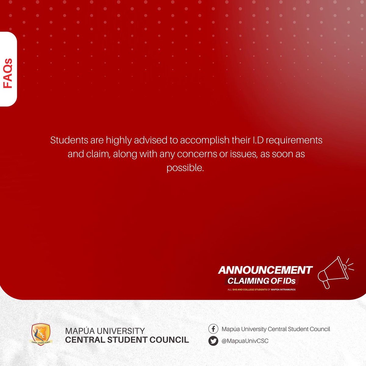 𝐅𝐎𝐑 𝐀𝐋𝐋 𝐒𝐇𝐒 𝐀𝐍𝐃 𝐂𝐎𝐋𝐋𝐄𝐆𝐄 𝐒𝐓𝐔𝐃𝐄𝐍𝐓𝐒 𝐎𝐅 𝐌𝐀𝐊𝐀𝐓𝐈

All students should proceed directly to 𝐖𝐢𝐧𝐝𝐨𝐰𝐬 𝟐 of thr Registrar's Office to check the availability of their IDs. 

For ID picture taking, kindly proceed to the CSAD Office.