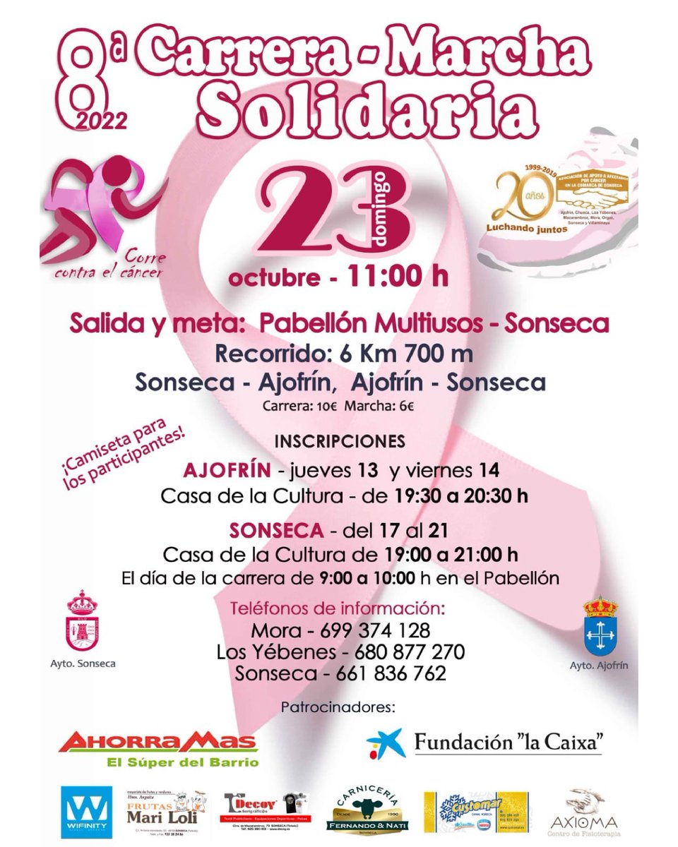 BIENESTAR SOCIAL | La Asociación de Apoyo a Afectados/as por Cáncer en la comarca de Sonseca, con la colaboración de los Ayuntamientos de Sonseca y Ajofrín, organiza la 8ª carrera y marcha solidaria “Corre contra el Cáncer”, que se celebrará el domingo, 23 de octubre.