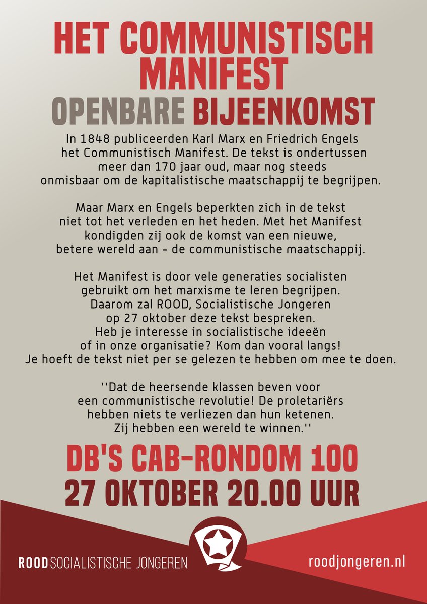 De bijeenkomst is op 27 oktober om 20:00 bij dB’s (CAB-Rondom 100, vlakbij station Zuilen). Zie de site voor alle informatie: roodjongeren.nl/post/publieke-…