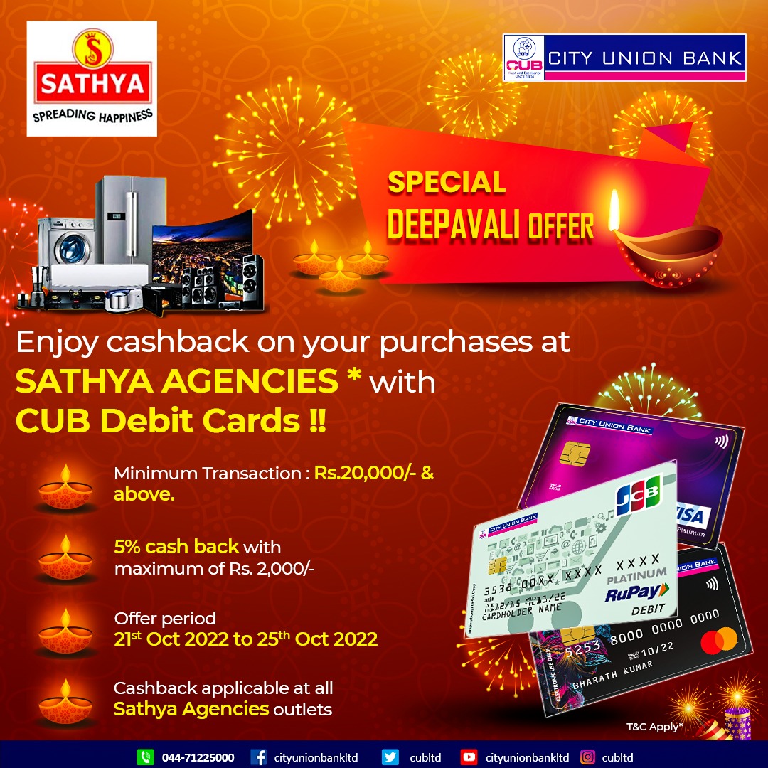 cubltd's tweet photo. Avail cashback on your purchases at SATHYA AGENCIES with CUB Debit Cards. Cashback is applicable  at all SATHYA AGENCIES outlets * T&amp;C Apply. #cubltd #cuboffers #cityunionbank https://t.co/42Tpjh3QqW