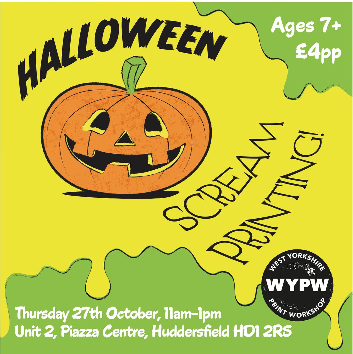 wyprintworkshop's tweet photo. Join us Thursday 27th October at our pop up Print Haus in #Huddersfield  for a ghoulish time designing and ‘scream’-printing your very own Jack o’ Lantern or Skull.

A few places still available!
https://t.co/NySFJlPimF

#learntoprint #temporarycontemporary #Halloween https://t.co/476GBasrhO