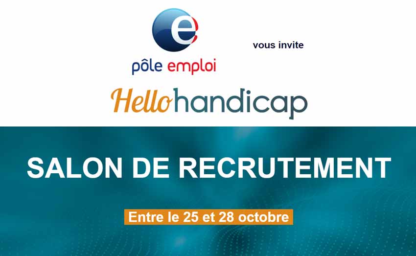 #Agenda - @pole_emploi est partenaire du salon en ligne #HelloHandicap dédié aux travailleurs handicapés

➡️ 150 grandes entreprises qui recrutent dans tous les métiers 

📆 Du 25 au 28 octobre
👉 plmpl.fr/c/wFMj8

cc <a href="/CarrefourRecrut/">Carrefour Recrute</a> @SNCF_Recrute @michelinrecrute
