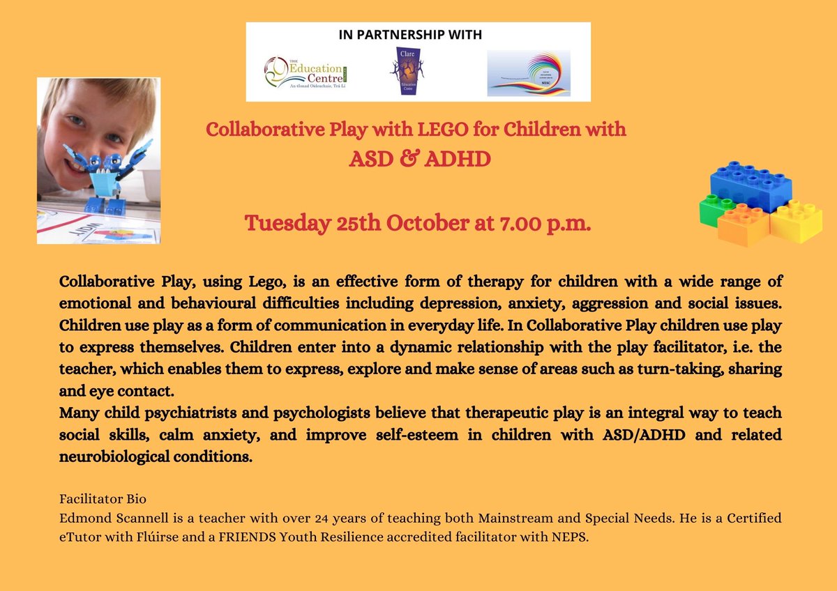 ➡️Collaborative Play with LEGO For Children With ASD & ADHD 📅Tuesday, 25 October 2022 ⏲️7pm to 8pm 🗣️Edmond Scannell 📌Zoom 💰FREE ®️ zoom.us/webinar/regist… @edcentretralee @CentreNavan @edcentretralee @CentreNavan