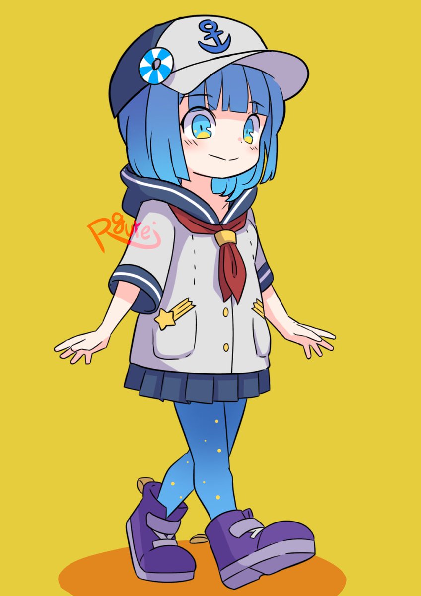 1girl solo hat yellow background blue hair skirt blue eyes  illustration images