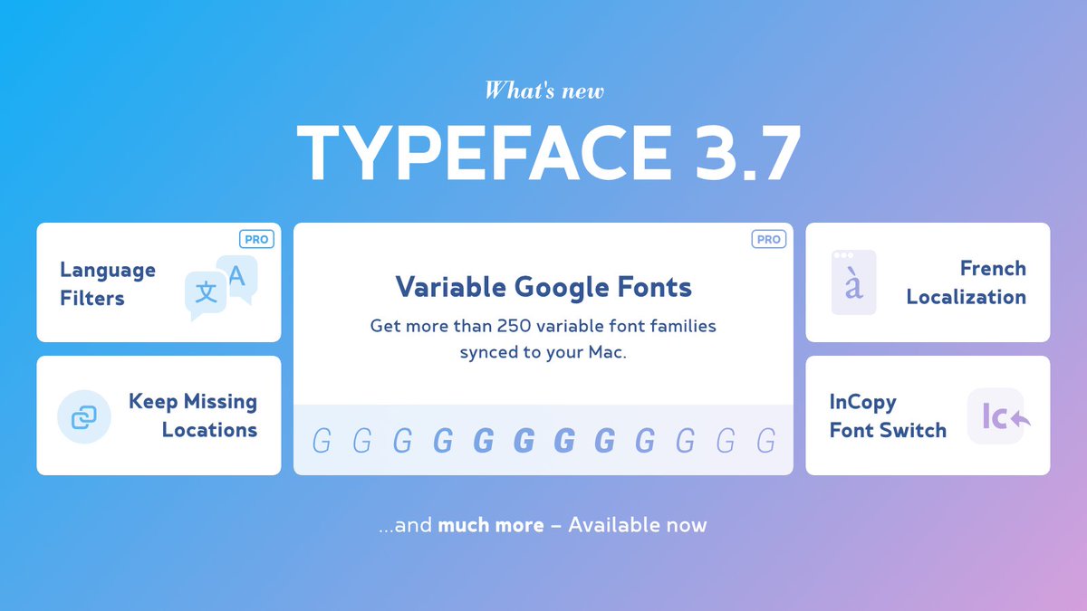 Expand your library with new variable Google Fonts — now available in Typeface 3.7🎈

Sync over 250 variable font families to your Mac and use the new language filters to find fonts supporting all the characters you need. 👉 typefaceapp.com/changelog/type…