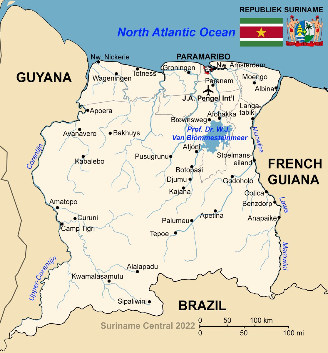 Kaart van Suriname met de juiste grenzen / Map of Suriname with the correct borders / Mapa de Surinam con los bordes correctos 🇸🇷