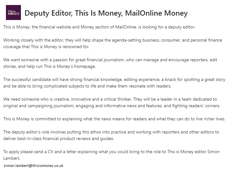 This is Money is looking for a new deputy editor, as <a href="/lee_boyce/">Lee Boyce</a> is off to edit Money Mail. I'm biased but I reckon this is one of the best jobs in financial journalism. Details below - and applications via LinkedIn here linkedin.com/jobs/view/3289… or email me direct.