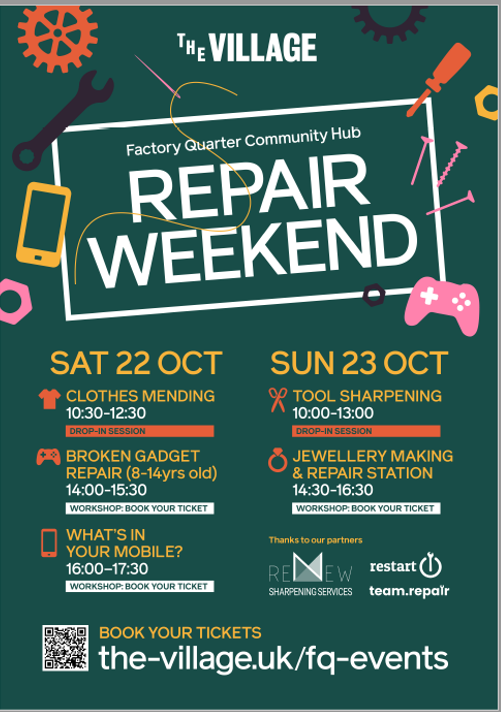 NHGhousing's tweet photo. Join us this weekend at our Factor Quarter Community Hub for a series of fun and practical repair workshops.
Learn about everything from clothes mending to jewellery making and repairs.
#community #factoryquarter https://t.co/s4S8BO4nU1