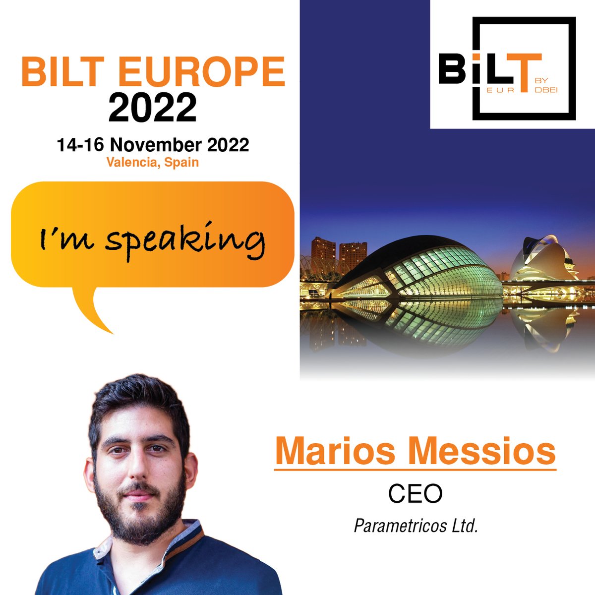 DbeiGlobal's tweet photo. We are happy to announce that, Marios Messios, CEO at Parametricos will be joining us as a Speaker for #BILTEUR2022 happening next month on the 14th-16th of November in Valencia, Spain! 

Register now ! 🤗

#BILTEUR #DBEI #dbeievents #biltevent https://t.co/IHlXG3sxkw