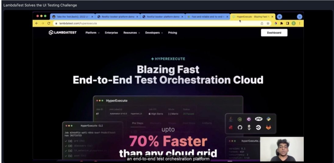 testmuai's tweet photo. Real challenges. Real solution. 🙌
Here is a glimpse of @sparsh_kesari_ sharing how #HyperExecute with @playwrightweb is an optimal solution for the UI challenge shared at @ministryoftest Test.bash(); 2022
#playwright #automationtesting #testbash https://t.co/0XVvbIl5rQ