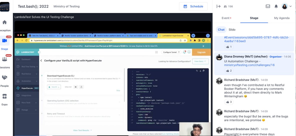 testmuai's tweet photo. Real challenges. Real solution. 🙌
Here is a glimpse of @sparsh_kesari_ sharing how #HyperExecute with @playwrightweb is an optimal solution for the UI challenge shared at @ministryoftest Test.bash(); 2022
#playwright #automationtesting #testbash https://t.co/0XVvbIl5rQ