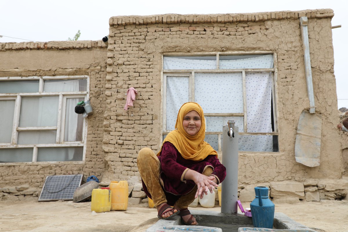 Zahra, 10, washes hands at a new water tap near her home in Maidan Wardak Province. One of the cheapest, easiest, and most important ways to slow the spread of diseases is to wash your hands frequently with soap and water.