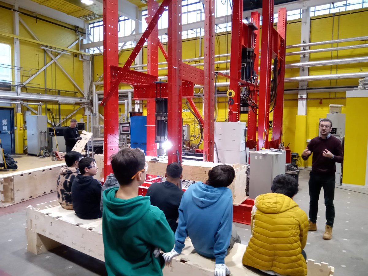 EDTScotland's tweet photo. Great afternoon in the testing lab, fabricating a timber beam - then testing how much weight it can carry! Thank you to @UoE_CivilEng - the students had a great time! #RoutesIntoSTEM #industrialcadets https://t.co/OJabXxMLMj