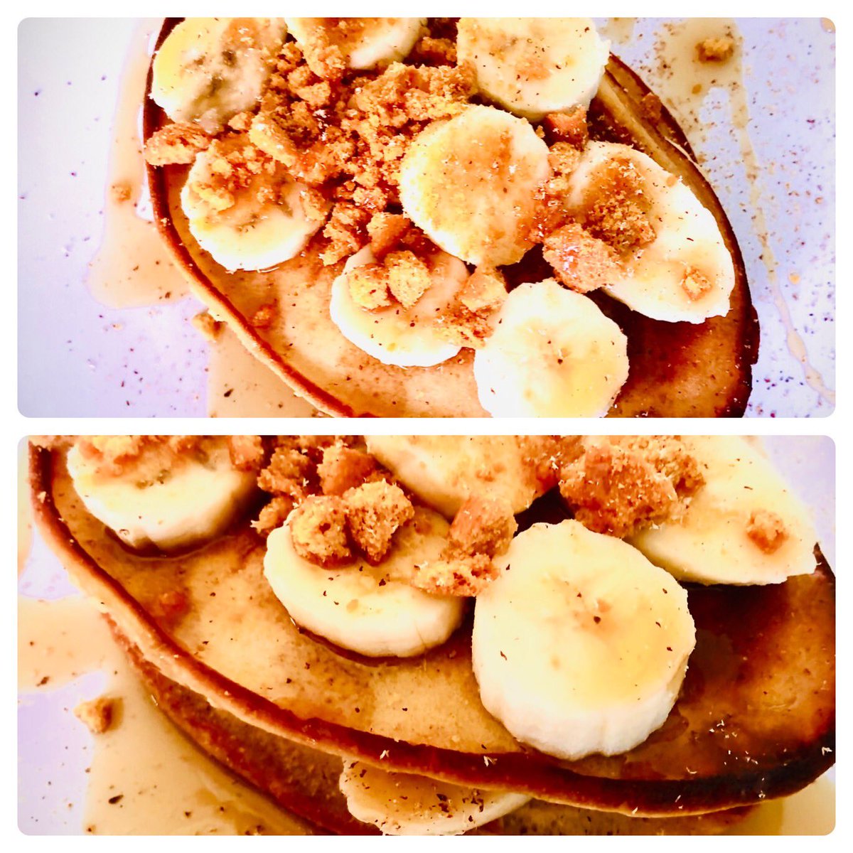American Pancakes, banana, ginger crumb, maple syrup, grated nutmeg