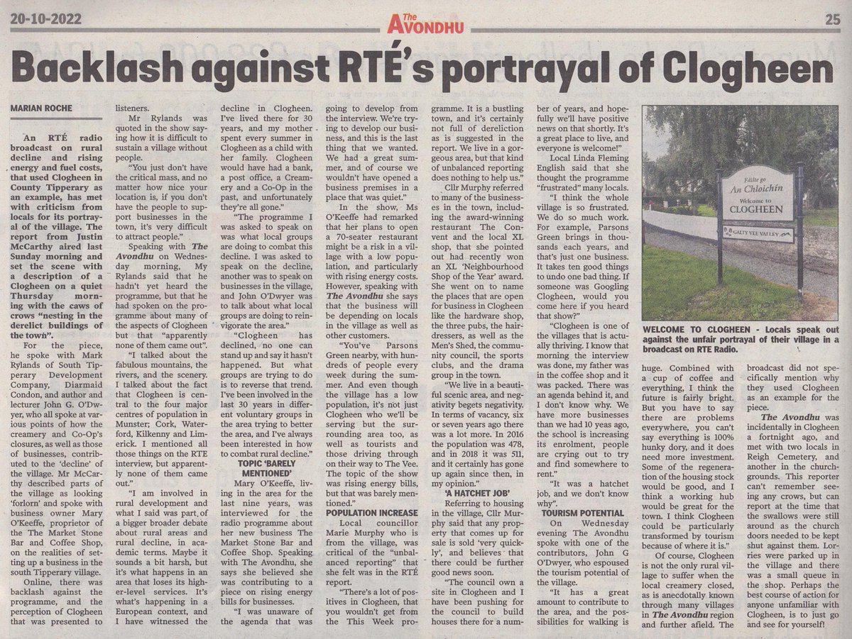 clogheentipp's tweet photo. Further thoughts of Clogheen's community to the piece on @RTERadio1 by @MrJustinMac on Sunday features in this week's @TheAvondhu . https://t.co/VzEsMVcvks