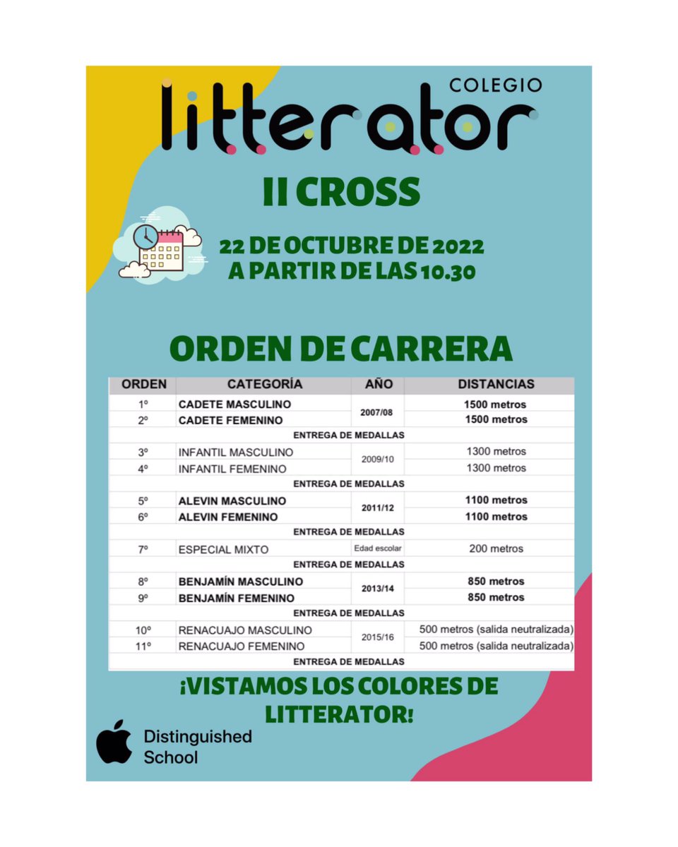🔊INFORMACIÓN 📣 
🏃‍♀️🏃🏼‍♂️🥇🥉🥈

El próximo sábado 22 de octubre en el estadio “El Deleite” ,se celebrará la II jornada de Cross escolar  Salesianos Loyola 2022/23.

A partir de las 10:30 horas de la mañana.
🙌🏻👏🏻🏃‍♀️🏃🏼‍♂️

#colegiolitterator 
#fomentoactividadfísica