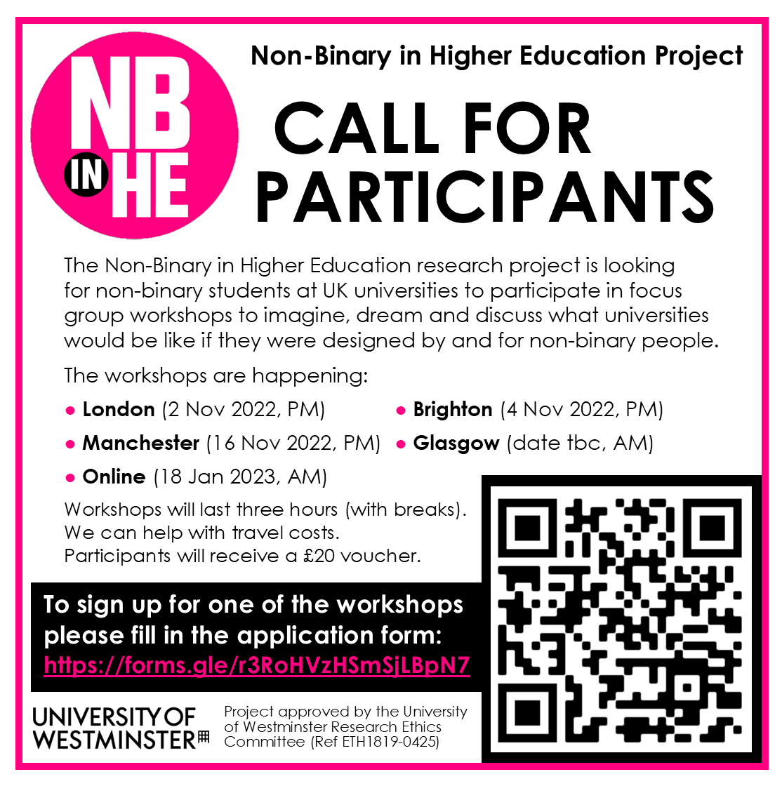 CALL FOR PARTICIPANTS: Non-binary UK university students, we need you to help us imagine the higher education of the future. Workshops taking place in London, Brighton, Manchester, Glasgow and online. More info and to apply here: forms.gle/r3RoHVzHSmSjLB…