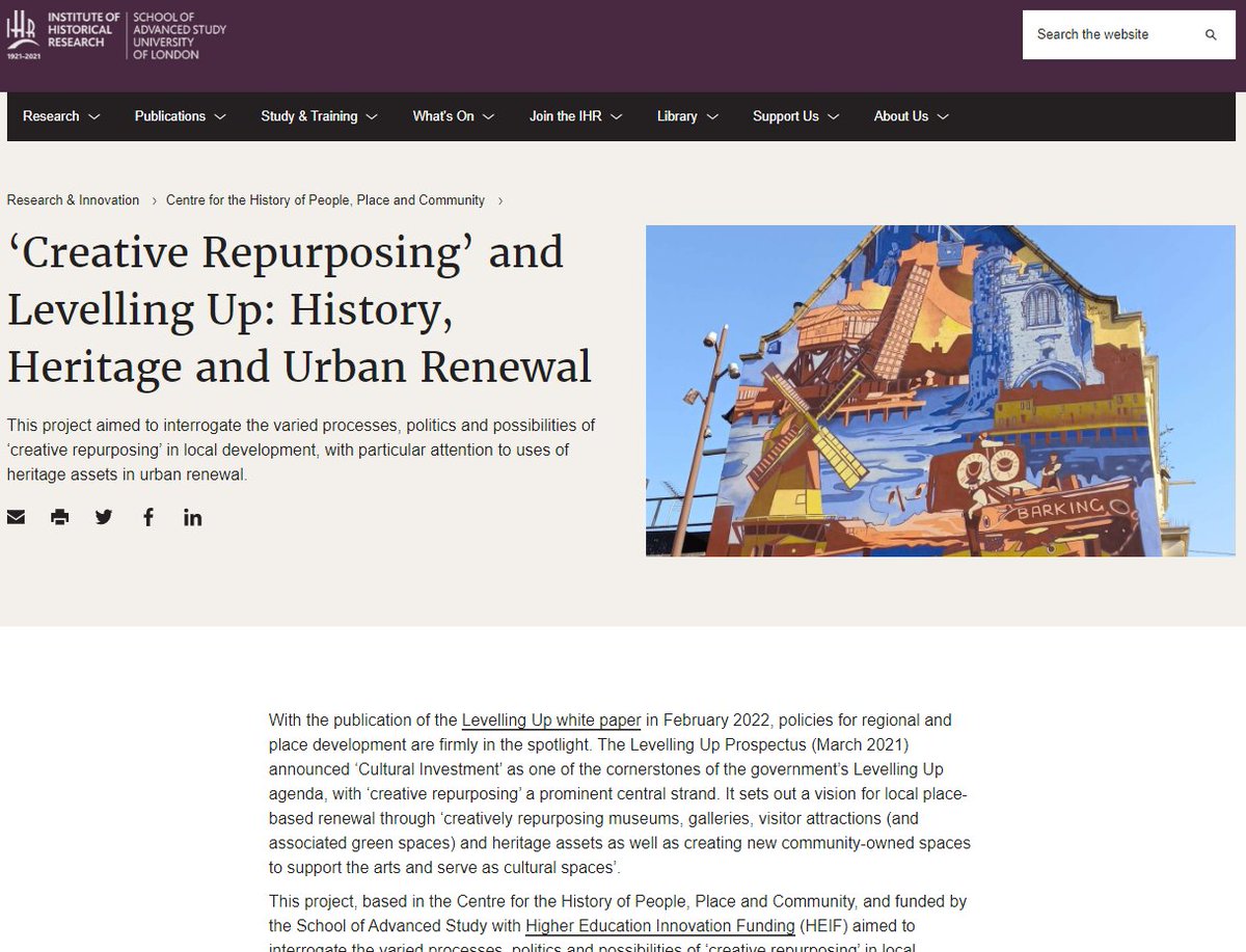 Today we're pleased to publish the outcomes of our research on '#CreativeRepurposing' and #LevellingUp: History, #Heritage & #Urban #Renewal. Case studies online, plus a #policy paper with @HistoryPolicy identifying good practice, opportunities & risks for policy makers. 1/3