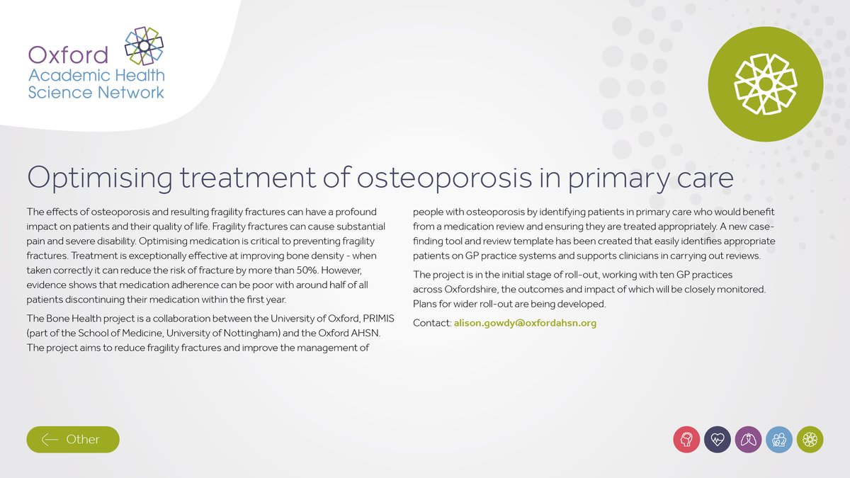 🦵We’re working to reduce fragility fractures by optimising #osteoporosis treatment in primary care 👇 oxfordahsn.org/our-work/adopt… #worldosteoporosisday @PRIMISatUoN @nhsbobicb @OxPrimaryCare @AHSNNetwork