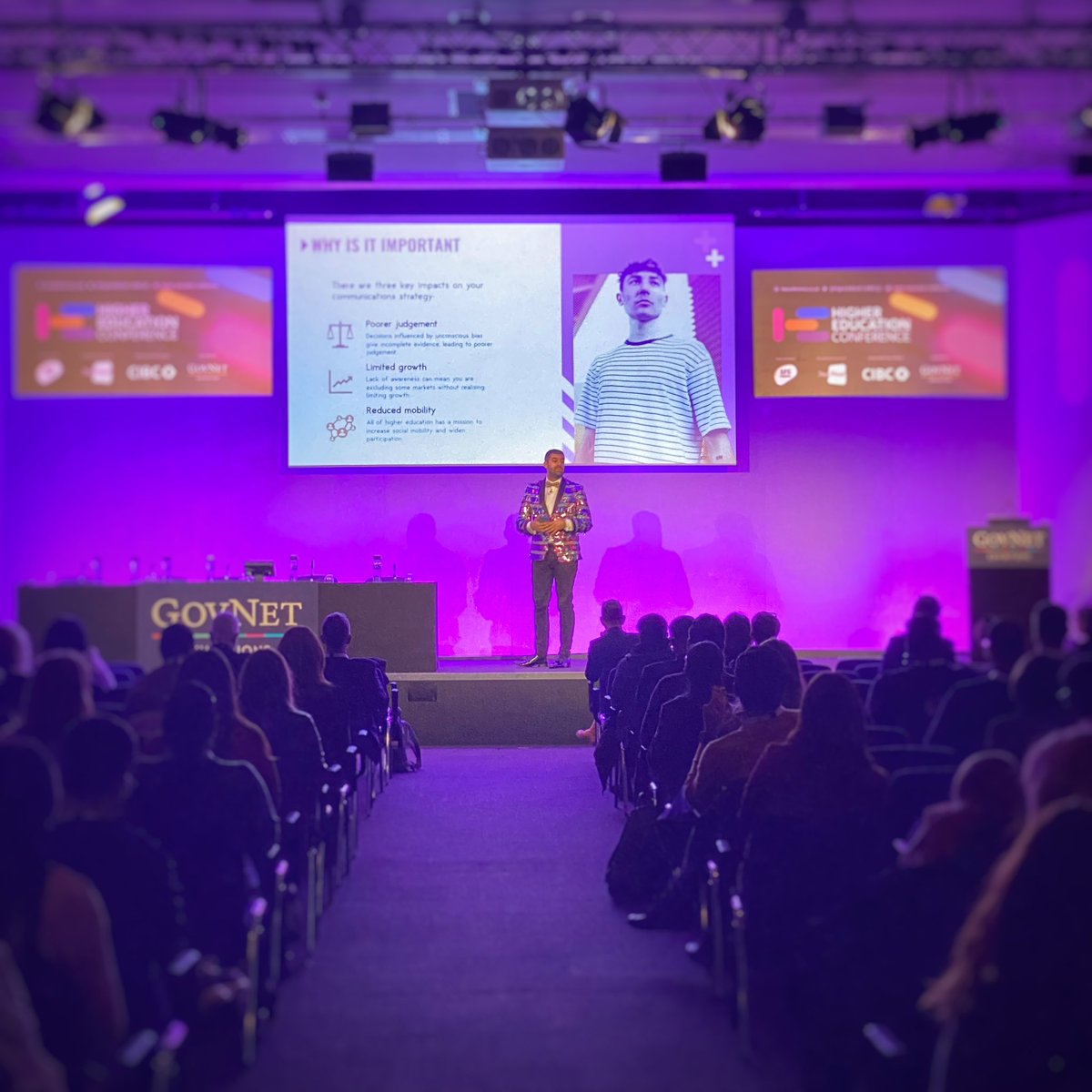 HigherEdConf's tweet photo. @CaileanUK Executive Director at SFS Media exploring the implicit and unconscious bias within HE marketing comms, how to tackle it to increase inclusion and student engagement 
#HEC22 #highered #highereducation https://t.co/I4fWaF3wfq