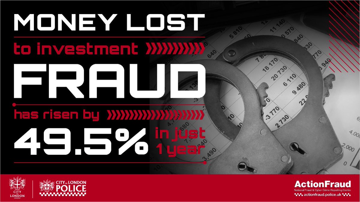 ⚠️ Be aware of investment fraud: The total amount of money lost to investment fraud has risen by a staggering 49.5% in a year from £596 million up to £890 million. Find out more ➡️ bit.ly/CoLPIF22