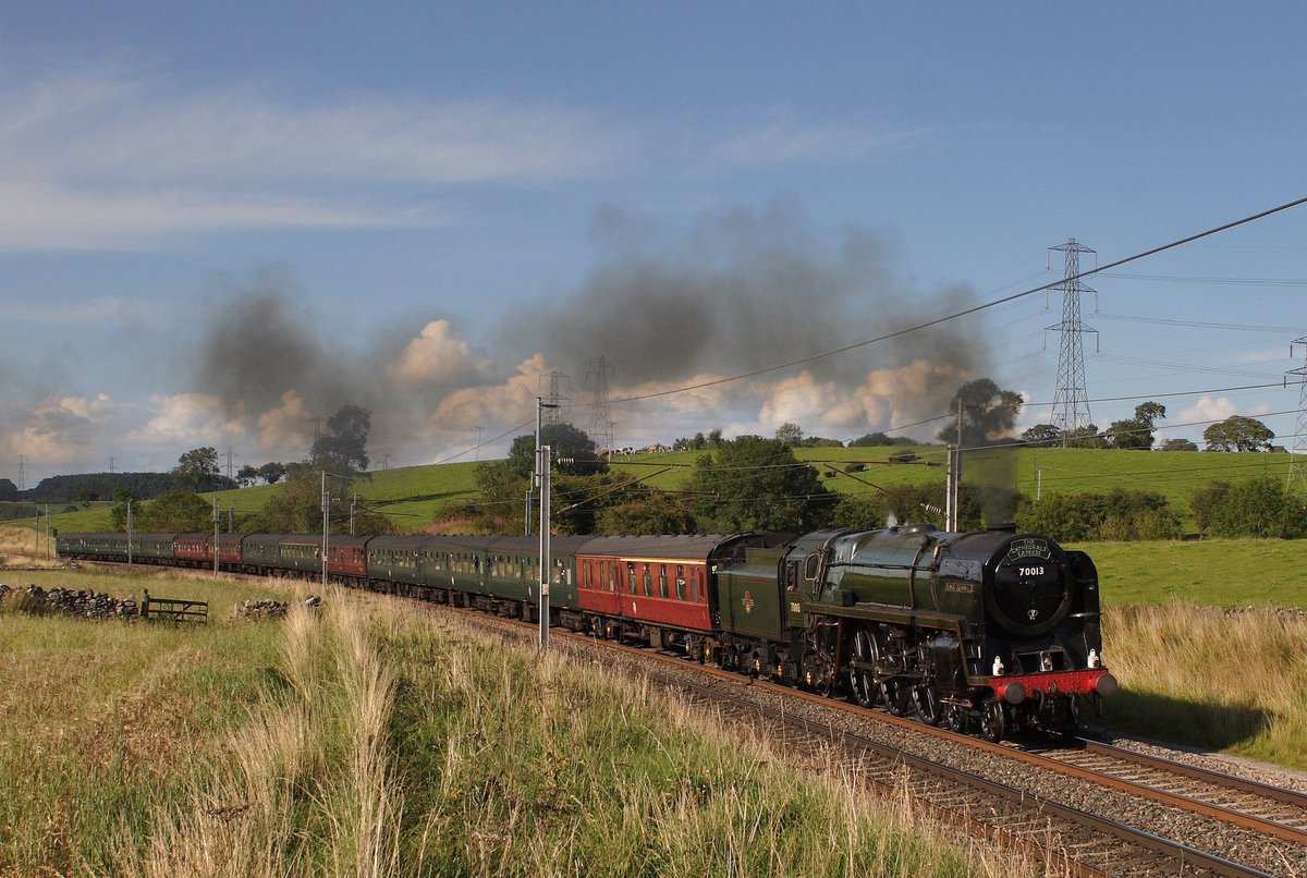 BR Class 7 70013 'Oliver Cromwell' canters through Little Strickland on the final couple of miles of the climb to Shap on 25th August 2011 with The Cathedrals Express railtour.

#BritishRailways #WestCoastRailways #OliverCromwell #BritanniaClass #MainlineSteam #SteamFix