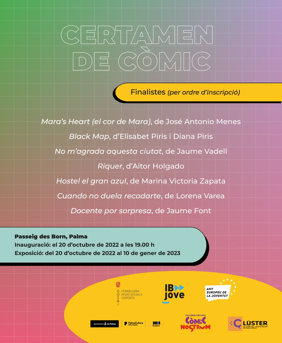ibjove's tweet photo. 📅Avui a les ⏰19h  inauguram al 📍Passeig des Born de Palma ✏️l'exposició de les 📙obres finalistes del 🏆Certamen de Còmic Art Jove 2023.
@GOIB_Social https://t.co/kE3V5Dtqgh