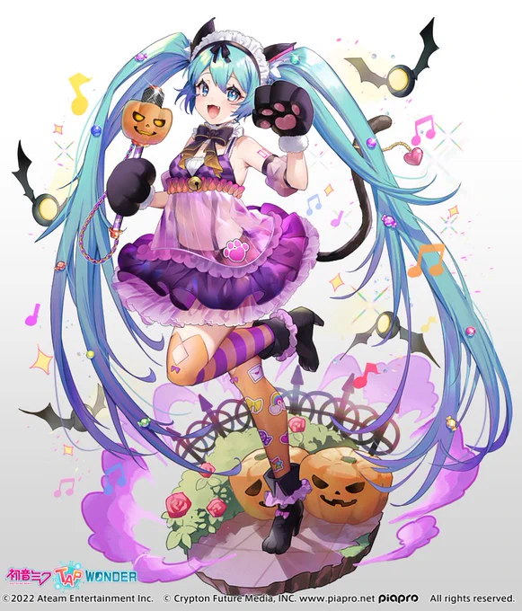 「初音ミク ‐TAP WONDER‐」にてハロウィンミクのカットインイラストを描かせていただきました。アバター衣装も可愛く作っていただいてます!よろしくどうぞ～ミクたぷ #初音ミク 