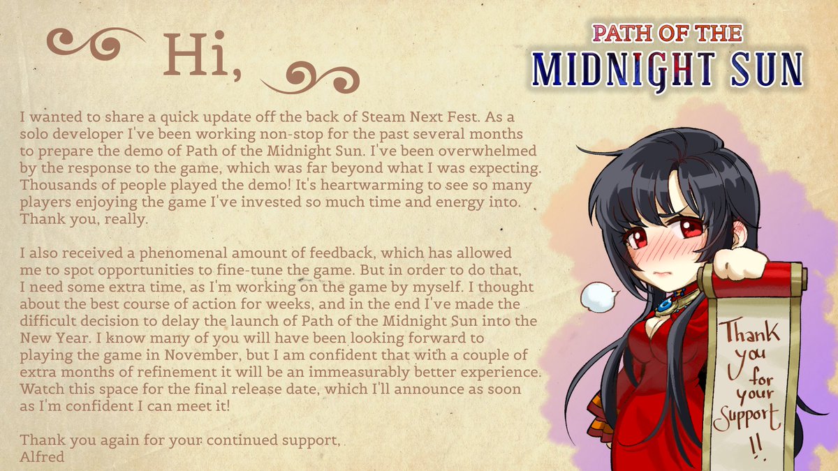 StudioDaimon's tweet photo. A message from the developer of #PathOfTheMidnightSun ๐
https://t.co/Q5JsQOPi8Y