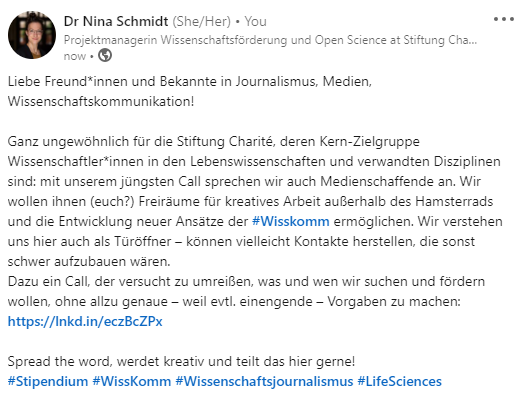 Mit Liebe für alle media professionals in meinem Netzwerk von LinkedIn rübergehoben. Alle Infos dazu hier: stiftung-charite.de/foerderung/sci… #WissKomm #Wissenschaftsjournalismus
