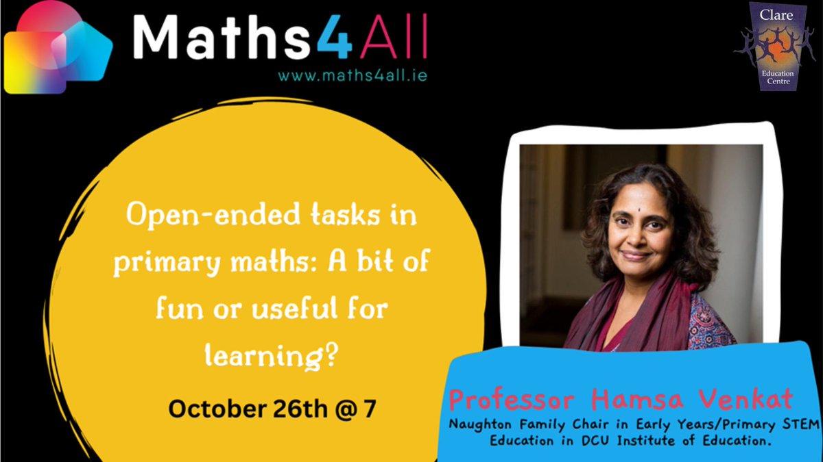 ➡️Open-ended tasks in primary maths: A bit of fun or useful for learning? 📅Wednesday, 26 October 2022 ⏲️7pm - 8pm 🗣️Professor Hamsa Venkat 📌Zoom 💰FREE ®️ zoom.us/webinar/regist… @maths4all