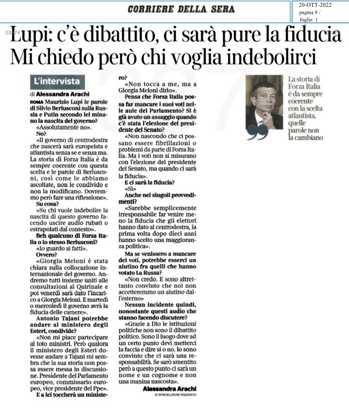 Dopo 10 anni gli elettori hanno scelto una maggioranza politica ed hanno affidato al centrodestra il compito di guidare l’Italia fino al 2027. Non farlo sarebbe da irresponsabili. Ma che sia certa una cosa: il governo che nascerà sarà atlantista, europeista, serio e responsabile.