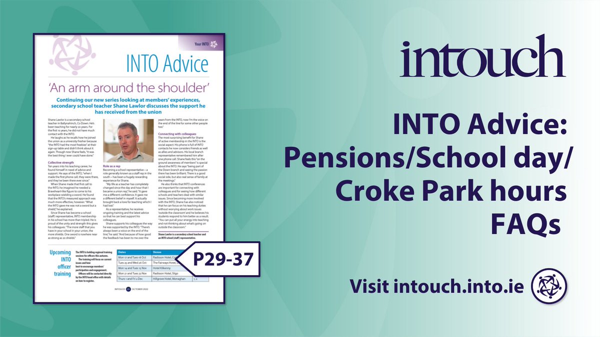 Check out #InTouch for eight pages of Advice, including features on Pensions. School day/ Croke Park hours FAQs, dealing with parental complaints and member experiences bit.ly/3MmRW9q