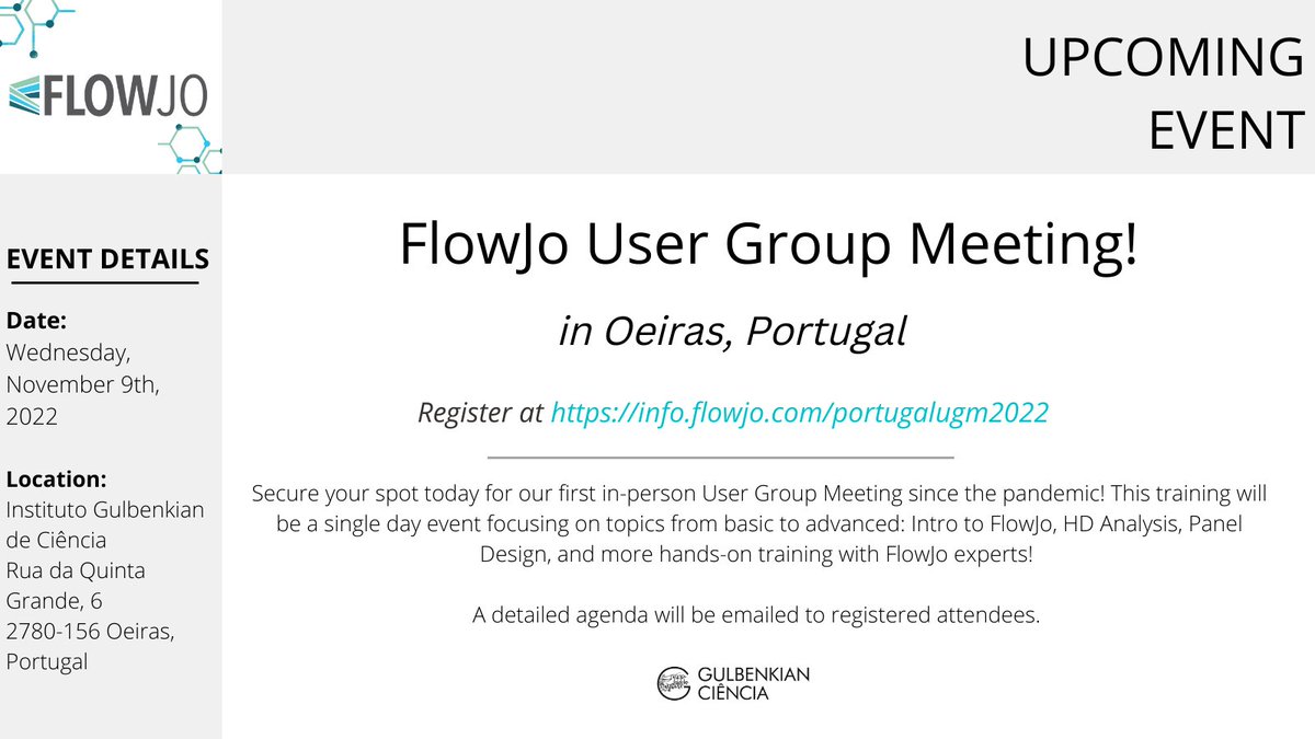 To our Portuguese customers,🇵🇹 come attend FlowJo's User Group Meeting in Oeiras, Portugal on Wednesday, November 9th, 2022. Register below!
 hubs.la/Q01qbv2Z0

Attendees will receive a detailed agenda to their inbox.
#flowjo  #flowjoevent  #flowcytometry
