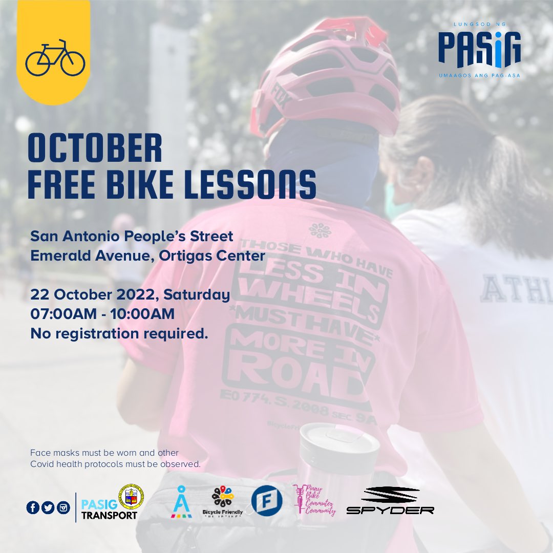 PasigTransport (@pasigtransport) on Twitter photo Balik ang Free Bike Lessons sa Emerald Avenue, <a href="/bsapasig/">Barangay San Antonio Pasig City</a> ngayong Sabado.
The first 10 to learn how to bike gets a free helmet from Spyder Philippines!
Thanks to all our partners: Bicycle Friendly Philippines, Pinay Bike Commuter, <a href="/AltMobilityPH/">AltMobility PH</a>, and <a href="/FNFPhilippines/">FNF Philippines</a> Balik ang Free Bike Lessons sa Emerald Avenue, <a href="/bsapasig/">Barangay San Antonio Pasig City</a> ngayong Sabado.
The first 10 to learn how to bike gets a free helmet from Spyder Philippines!
Thanks to all our partners: Bicycle Friendly Philippines, Pinay Bike Commuter, <a href="/AltMobilityPH/">AltMobility PH</a>, and <a href="/FNFPhilippines/">FNF Philippines</a>