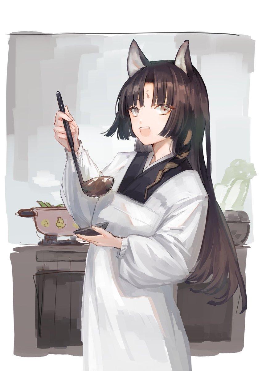 1girl solo animal ears long hair apron holding holding ladle  illustration images