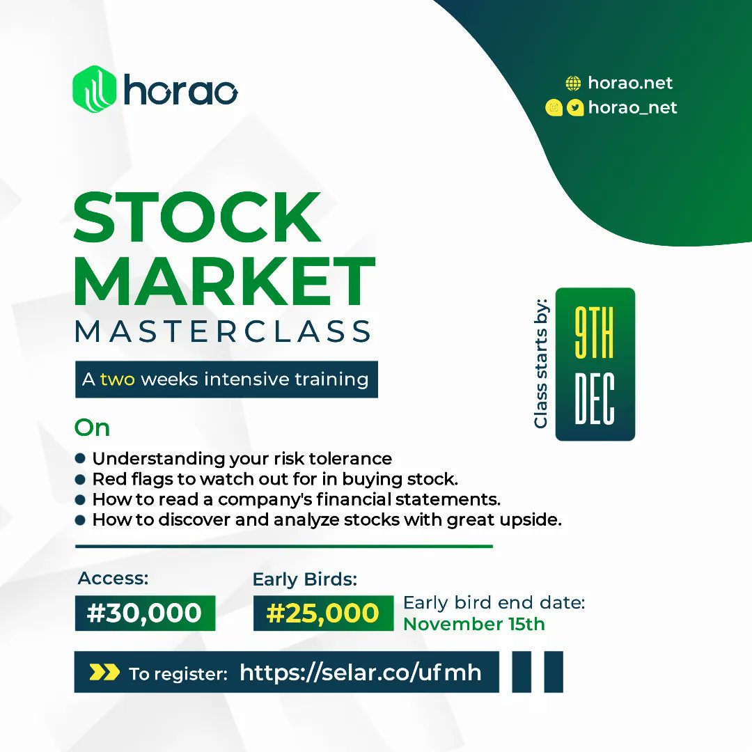 Horao_net's tweet photo. Did you know that 95% of stock investors lose money? That's due to several reasons, from poor market timing to picking the wrong stocks.

Well, we've put together a stock market masterclass for anyone who wants to learn how to invest in stocks. Click the link below to register.