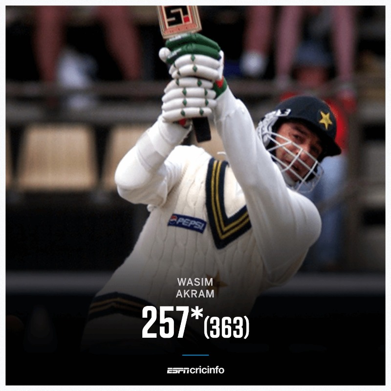 cricinfo's tweet photo. A record-breaking innings 🇵🇰

#OnThisDay in 1996, Wasim Akram registered the highest score by a No. 8 in Test cricket 🙌

In an innings where no other batter crossed 60, he helped Pakistan post 553 against Zimbabwe in Sheikhupura 🔥